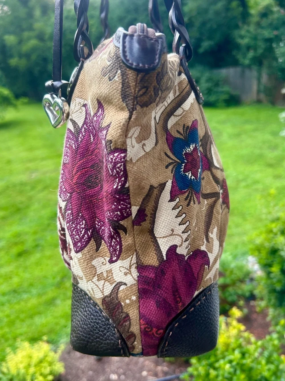 Brighton Floral Tapestry Leather Shoulder Bag Tote Silver Heart Charm